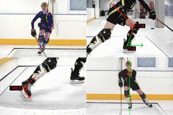 Side-by-side comparison of player's skating technique with professional model using Skating Analysis software